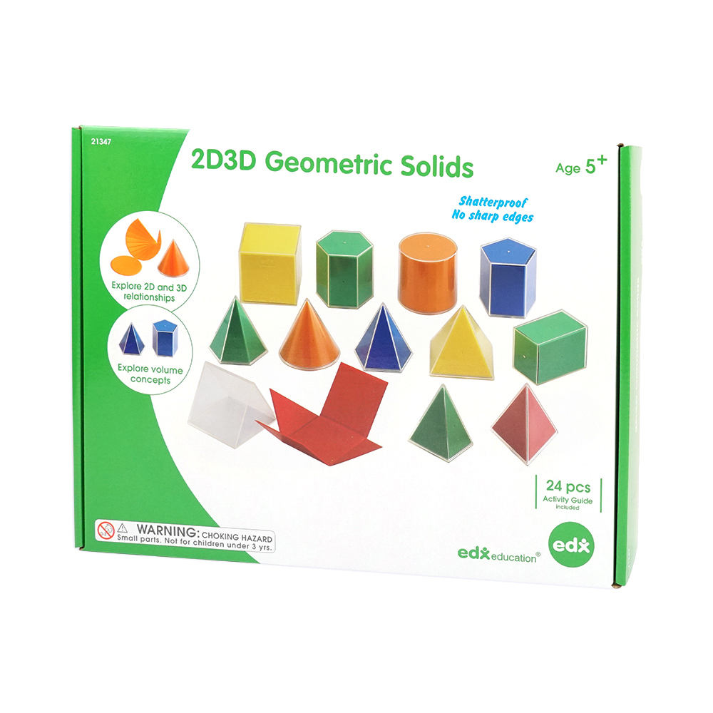 Edxeducation 2D3D Geometric Solids - Set of 24-12 Multicolored Shapes, 12  2D Nets and Activity Guide - Early Math Manipulative and Geometry for Kids