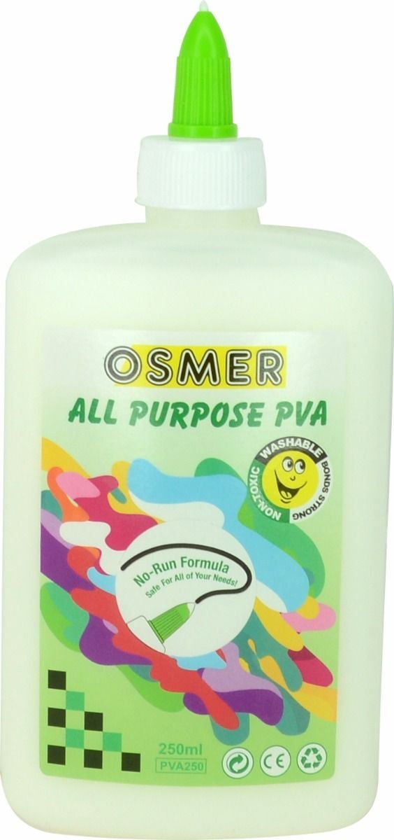 All purpose PVA Glue. 125ml, 250ml and 1 litre. Dries clear, acid free