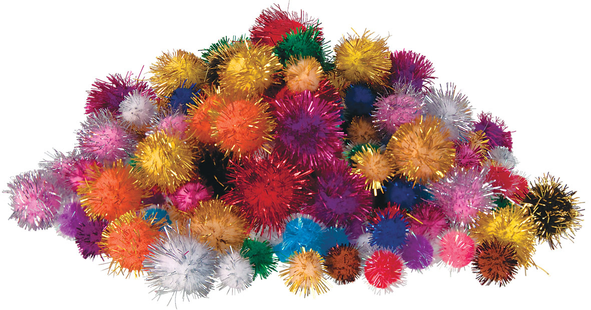 Glitter pom poms. Packs of assorted colour glittery pom poms, in various  sizes