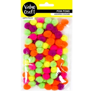 Value Craft Pom Poms Assorted Bright Fluoro Colours