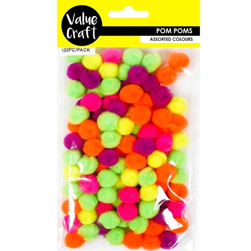 Value Craft Pom Poms Assorted Bright Fluoro Colours